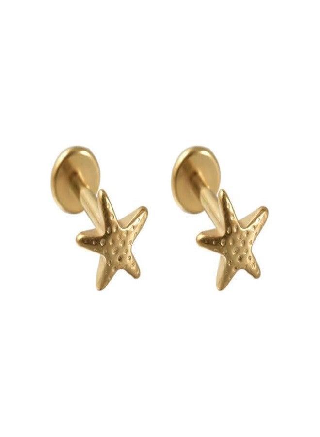 Cykdohy 16G Starfish Cartilage Tragus Small Earring for Women Men Titanium Simple Statement Star Flat Back Stud Earrings Internally Threaded Hypoallergenic Nose Helix Conch Labret Piercing Jewelry (Gold) - Image 1